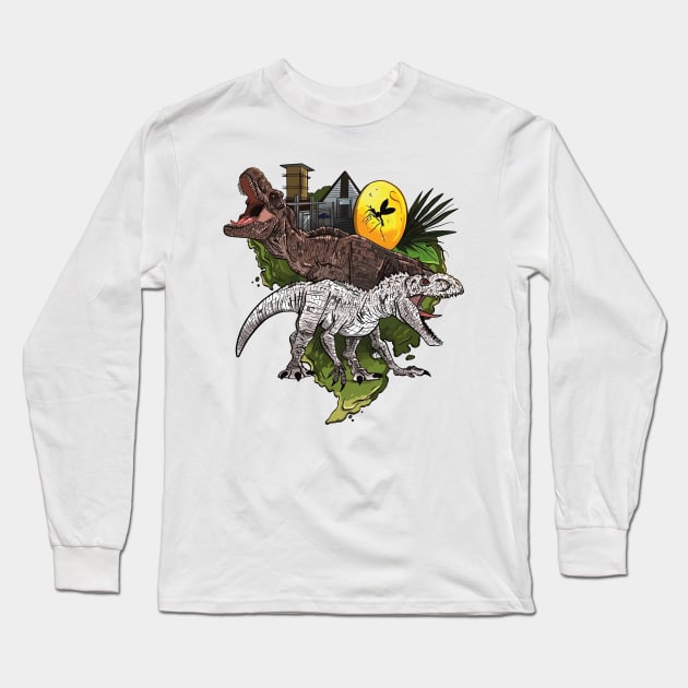 Amber Treasures: Rustic Illustration of T-Rex and Indominus Rex with the Famous Mosquito in Amber Long Sleeve T-Shirt by WorldDinosaurs